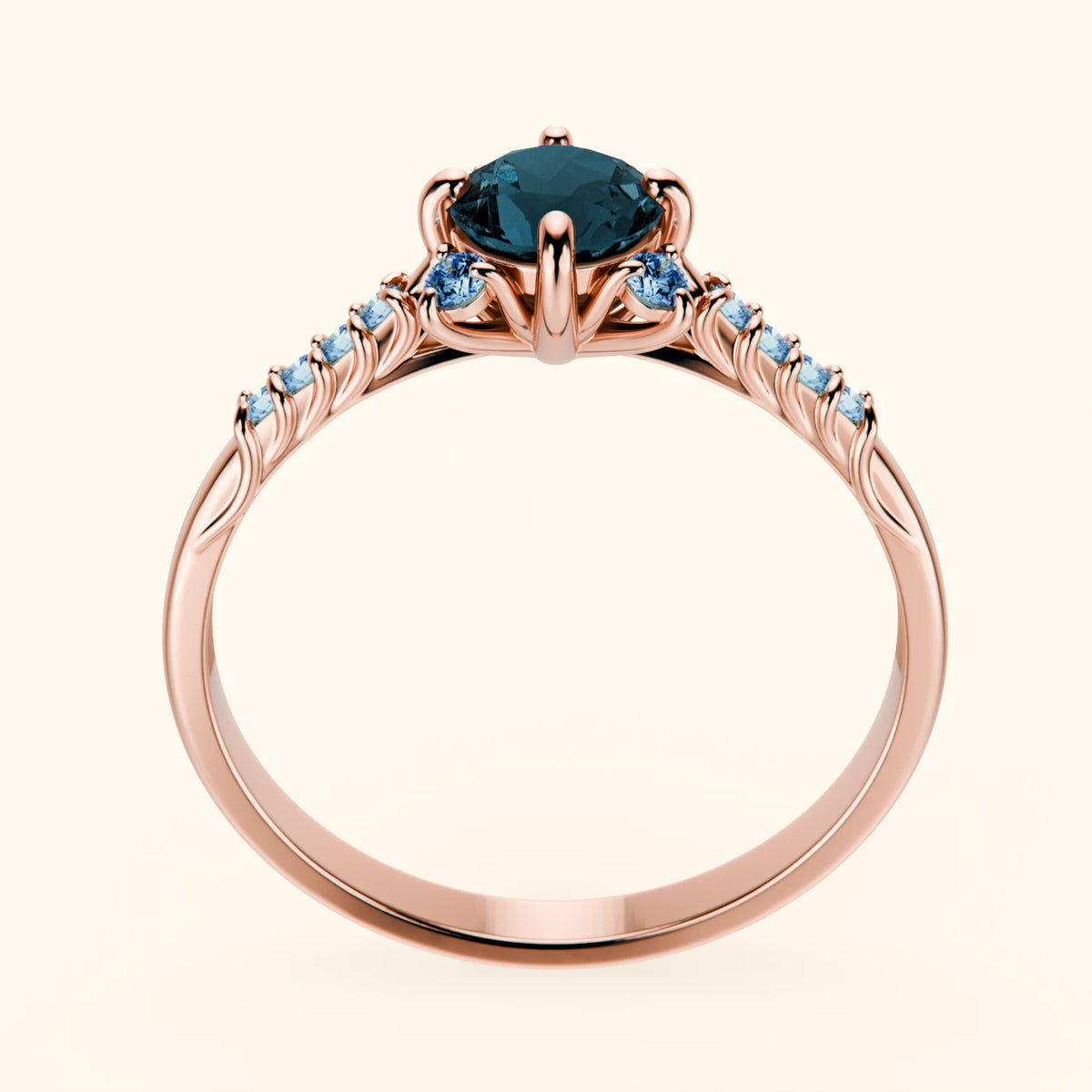 Pierścionek zaręczynowy Scintille – Topaz London Blue 0,50 ct, kamienie boczne: niebieski diament laboratoryjny