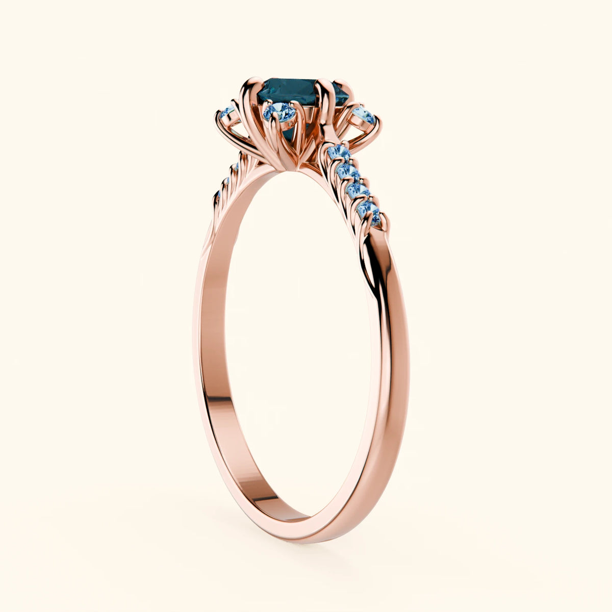 Pierścionek zaręczynowy Scintille – Topaz London Blue 0,50 ct, kamienie boczne: niebieski diament laboratoryjny