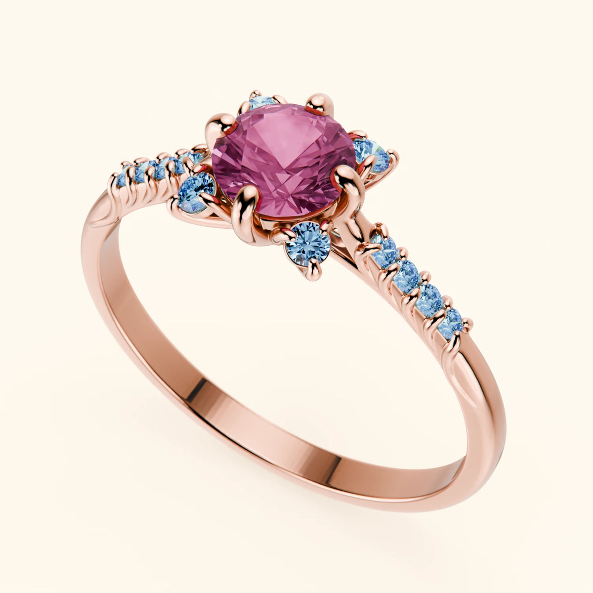 Engagement Ring Scintille - 0.60ct Lab Pink Sapphire with Lab Blue Diamond Side Stones