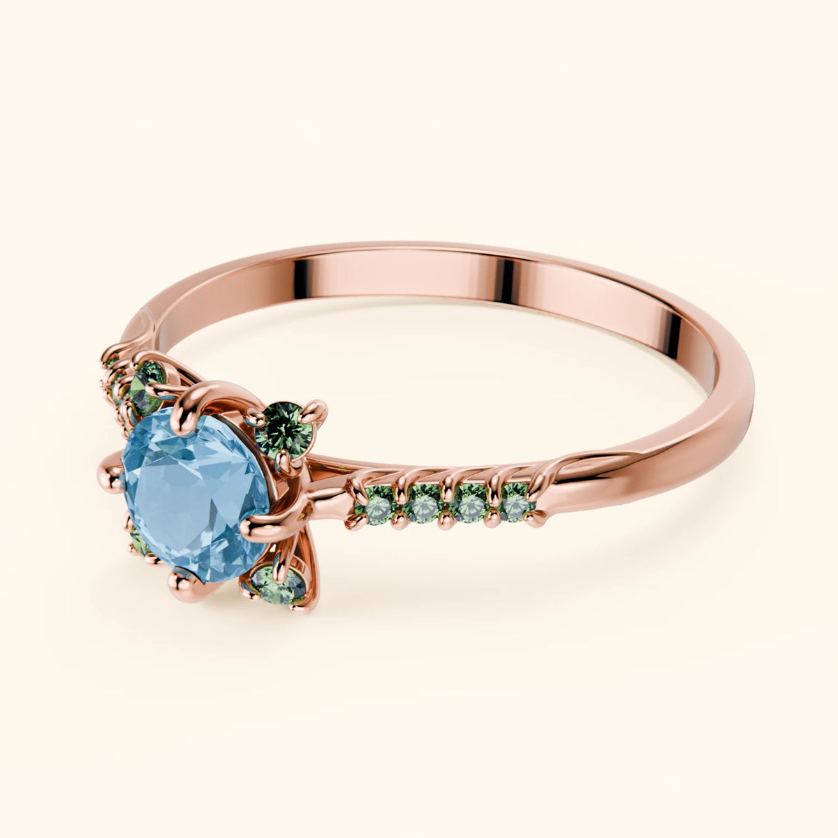 Pierścionek zaręczynowy Scintille – Topaz Swiss Blue 0,50 ct, kamienie boczne: zielony diament laboratoryjny