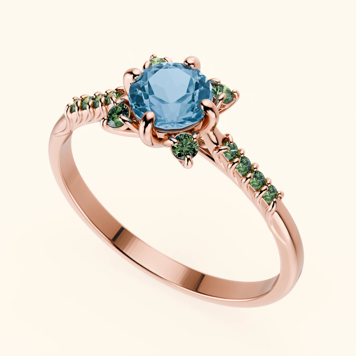 Pierścionek zaręczynowy Scintille – Topaz Swiss Blue 0,50 ct, kamienie boczne: zielony diament laboratoryjny
