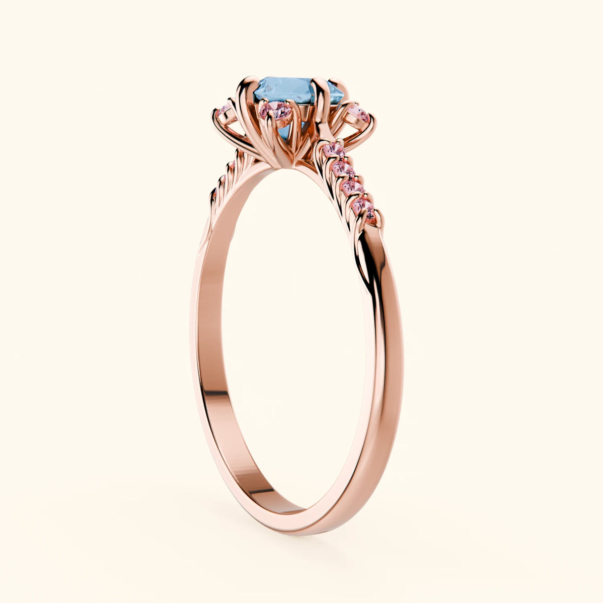 Pierścionek zaręczynowy Scintille – Topaz Swiss Blue 0,50 ct, kamienie boczne: różowy diament laboratoryjny