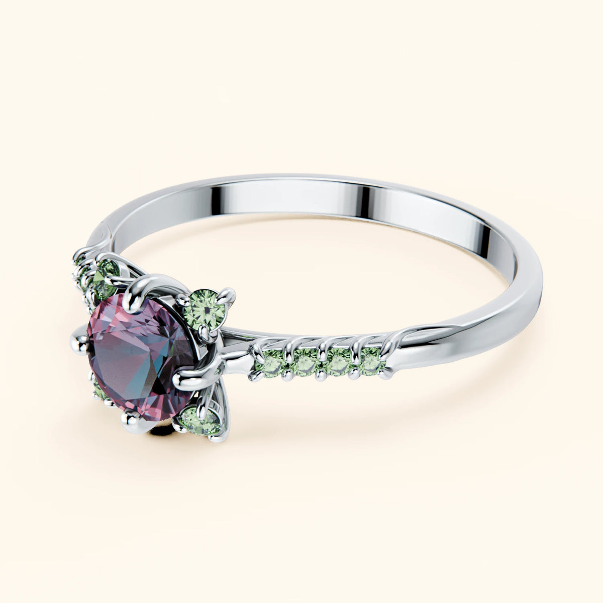 Engagement Ring Scintille - 0.55ct Lab Alexandrite with Lab Green Diamond Side Stones