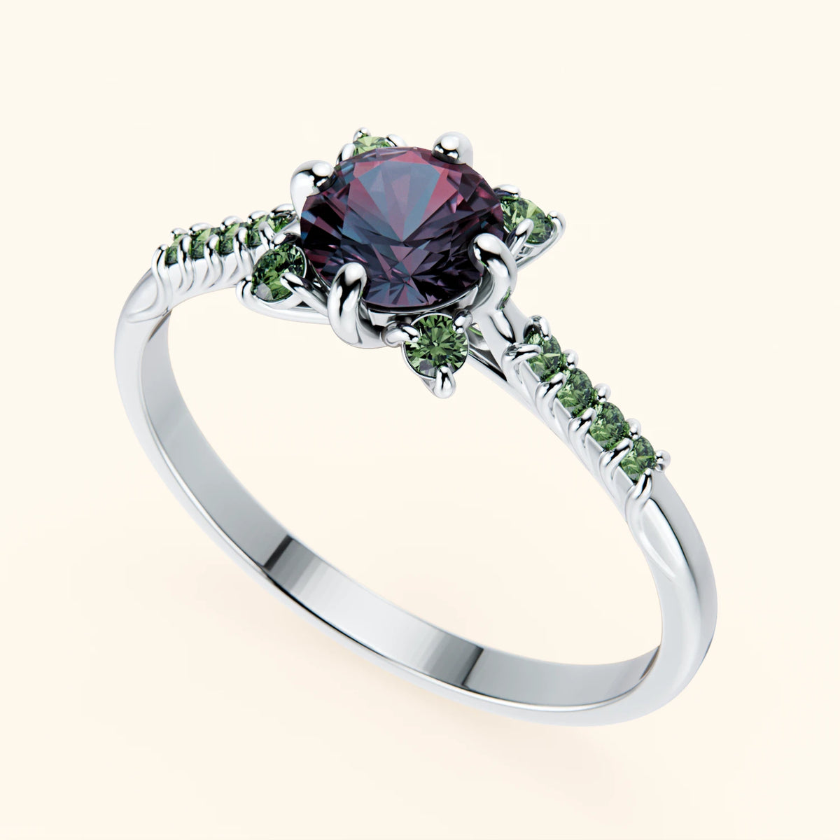 Engagement Ring Scintille - 0.55ct Lab Alexandrite with Lab Green Diamond Side Stones