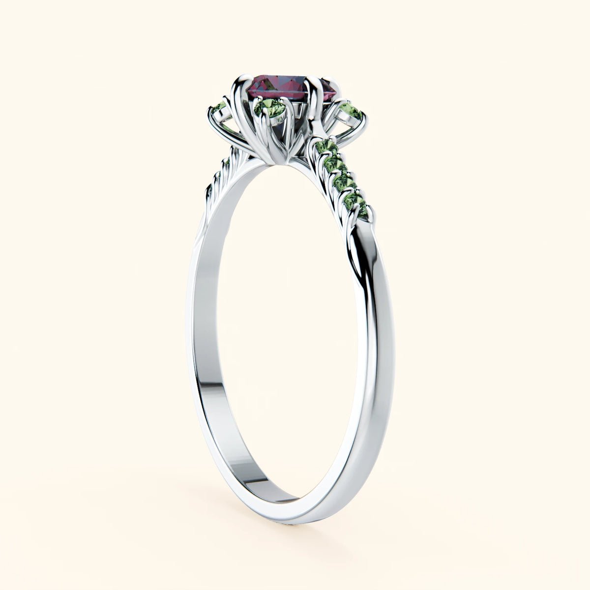 Engagement Ring Scintille - 0.55ct Lab Alexandrite with Lab Green Diamond Side Stones