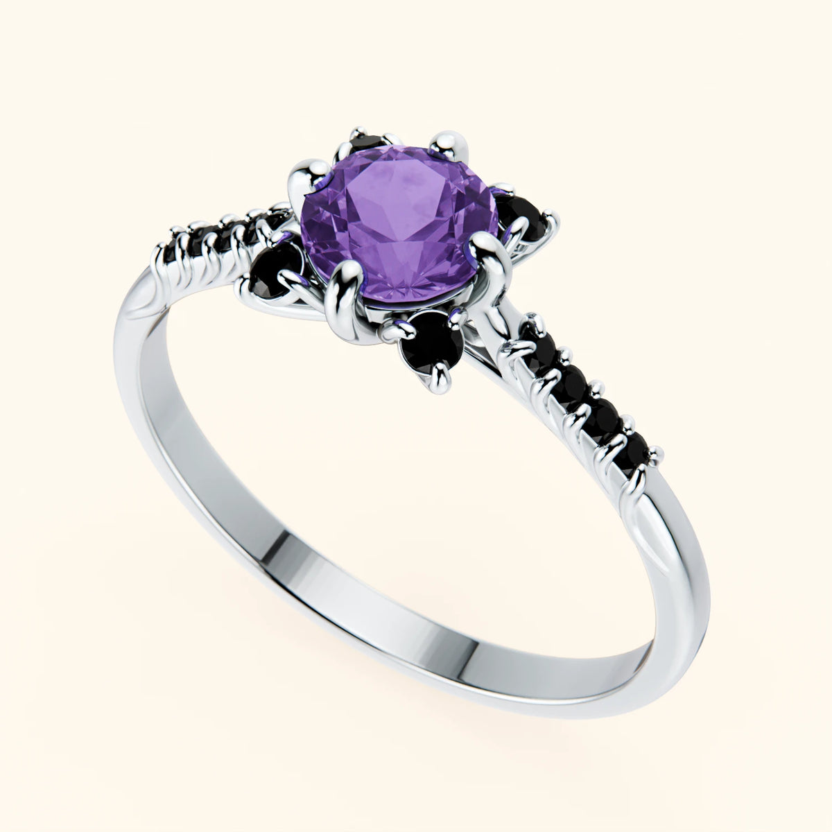 Pierścionek zaręczynowy Scintille – Ametyst 0,38 ct, kamienie boczne: czarny diament