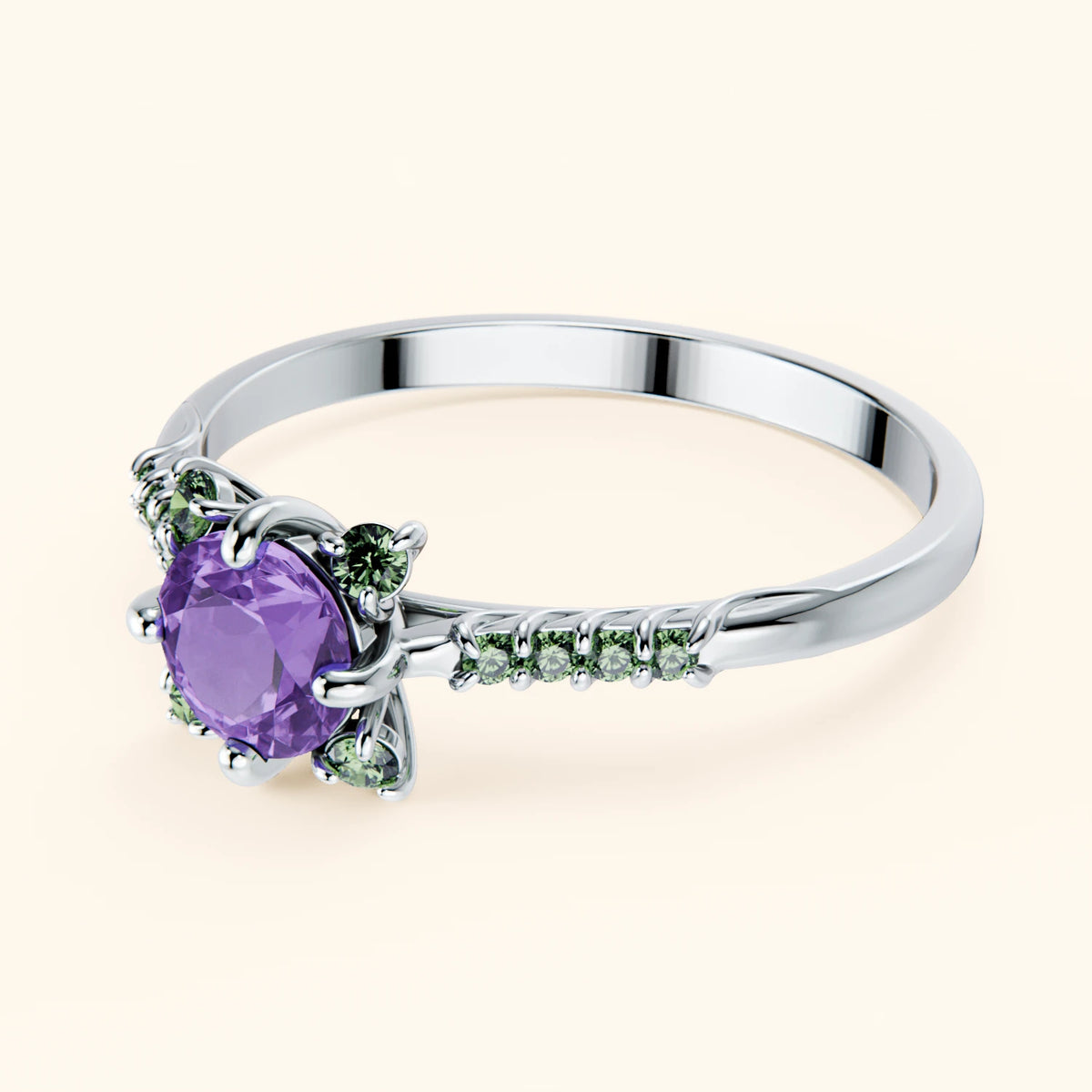 Engagement Ring Scintille - 0.38ct Amethyst with Lab Green Diamond Side Stones