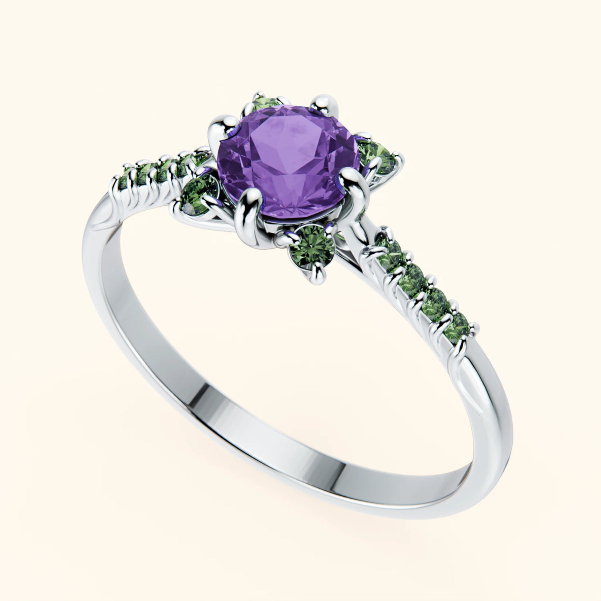 Engagement Ring Scintille - 0.38ct Amethyst with Lab Green Diamond Side Stones