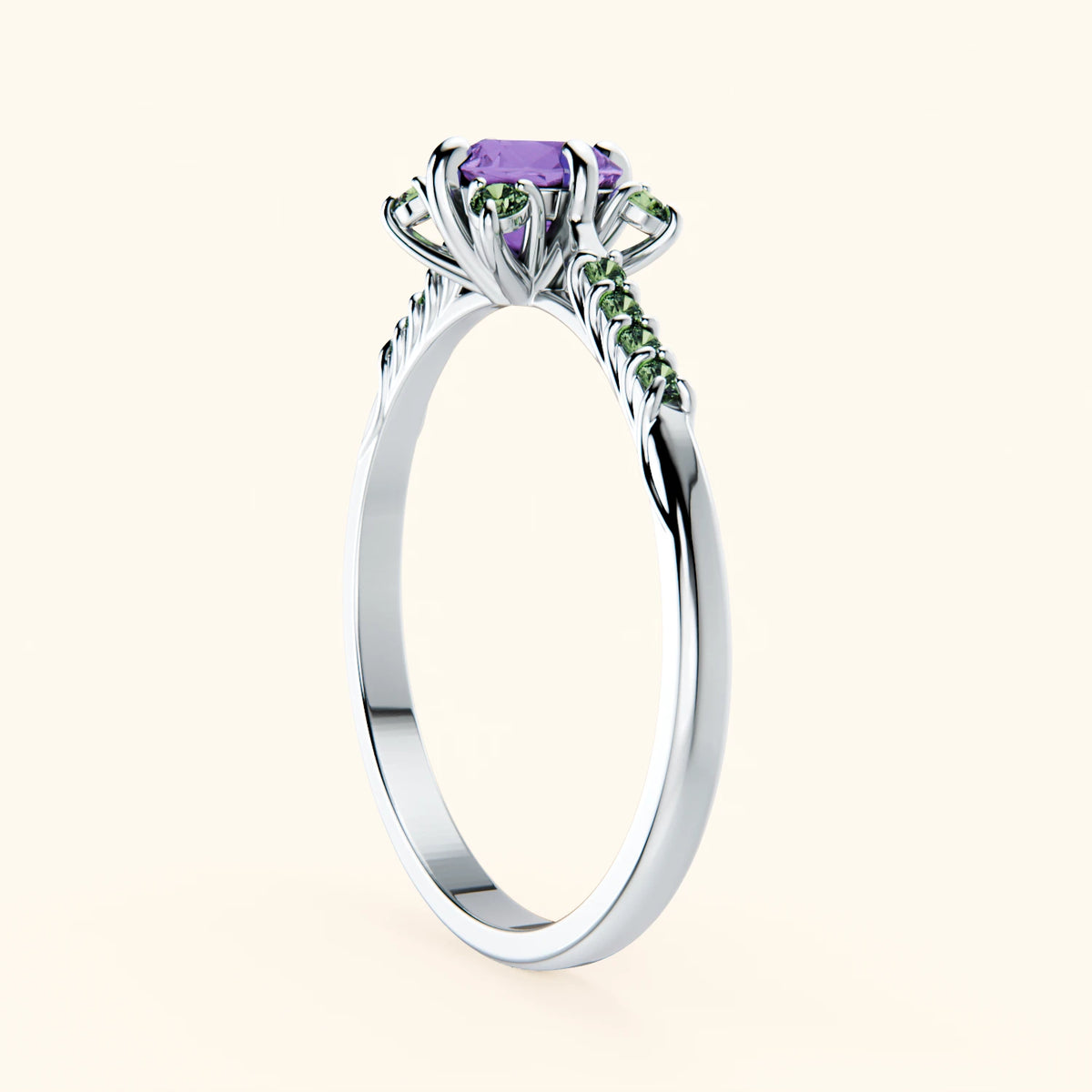 Engagement Ring Scintille - 0.38ct Amethyst with Lab Green Diamond Side Stones