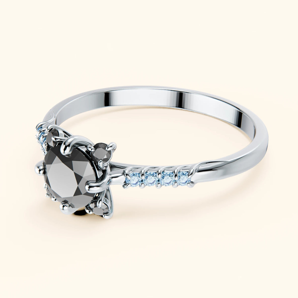 Engagement Ring Scintille - 0.5ct Black Diamond with Lab Blue Diamond Side Stones