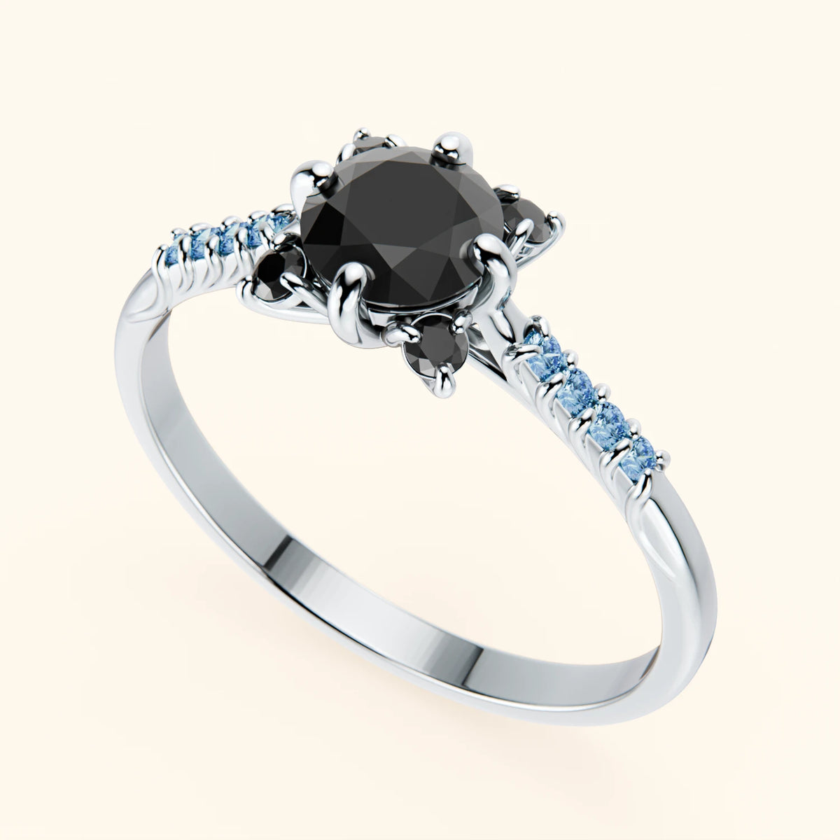 Engagement Ring Scintille - 0.5ct Black Diamond with Lab Blue Diamond Side Stones