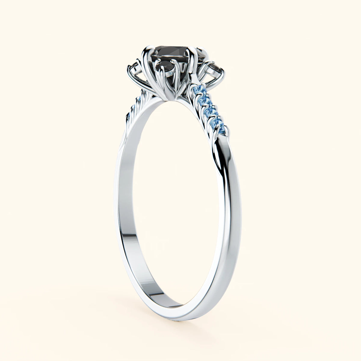 Engagement Ring Scintille - 0.5ct Black Diamond with Lab Blue Diamond Side Stones