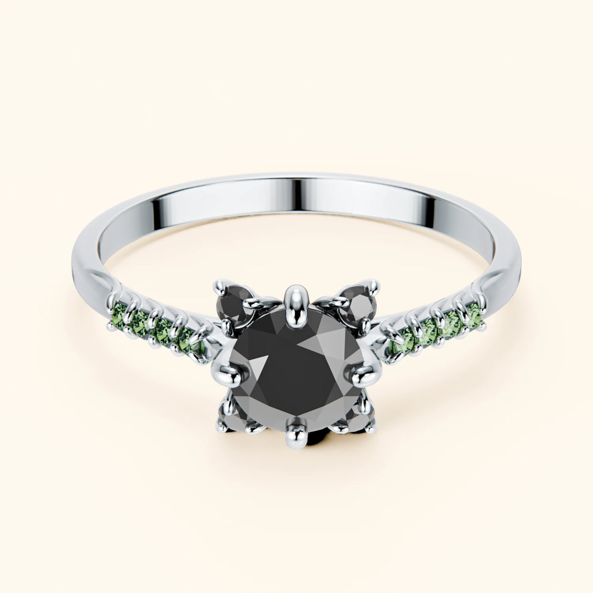 Engagement Ring Scintille - 0.5ct Black Diamond with Lab Green Diamond Side Stones