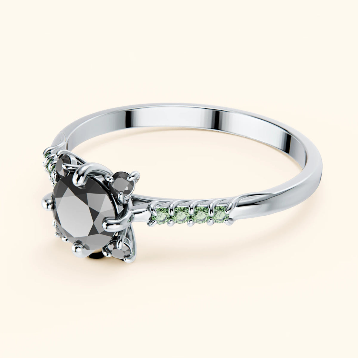 Engagement Ring Scintille - 0.5ct Black Diamond with Lab Green Diamond Side Stones