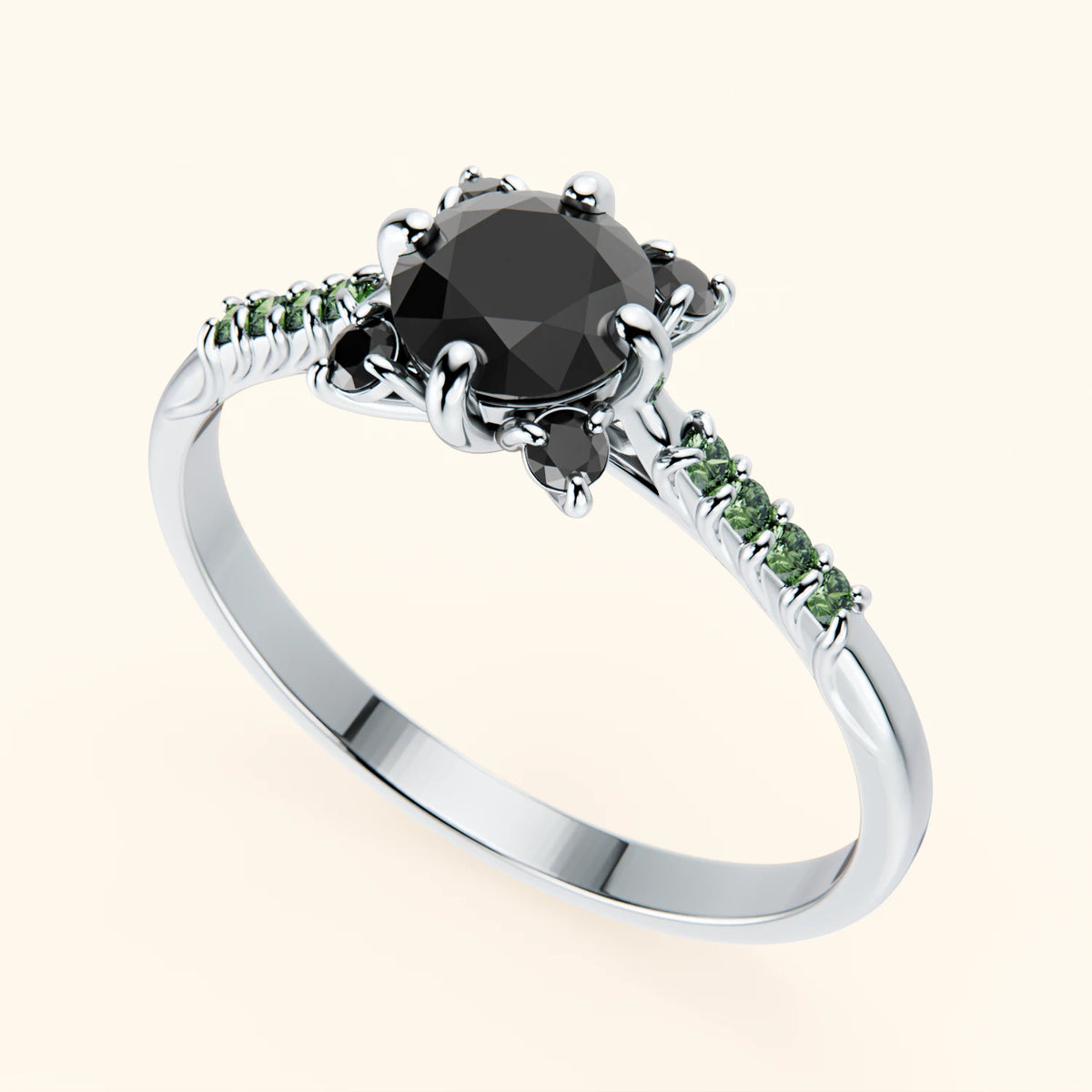 Engagement Ring Scintille - 0.5ct Black Diamond with Lab Green Diamond Side Stones