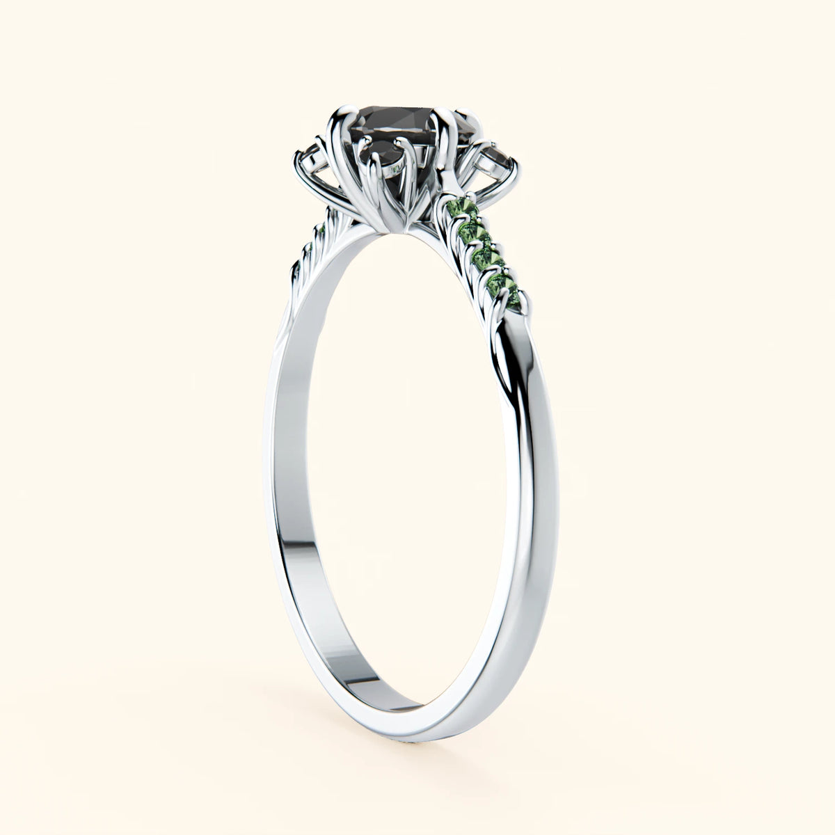 Engagement Ring Scintille - 0.5ct Black Diamond with Lab Green Diamond Side Stones