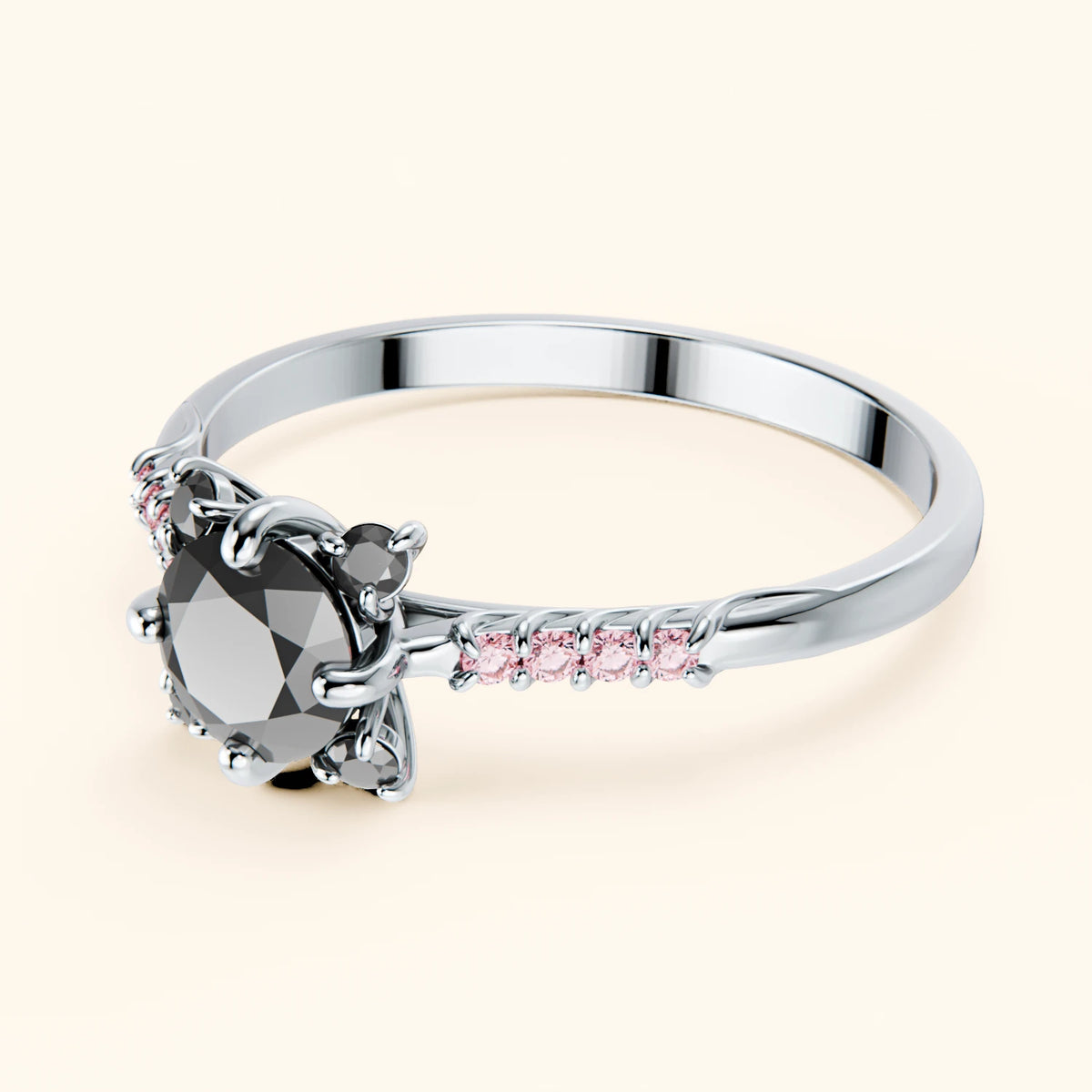 Engagement Ring Scintille - 0.5ct Black Diamond with Lab Pink Diamond Side Stones