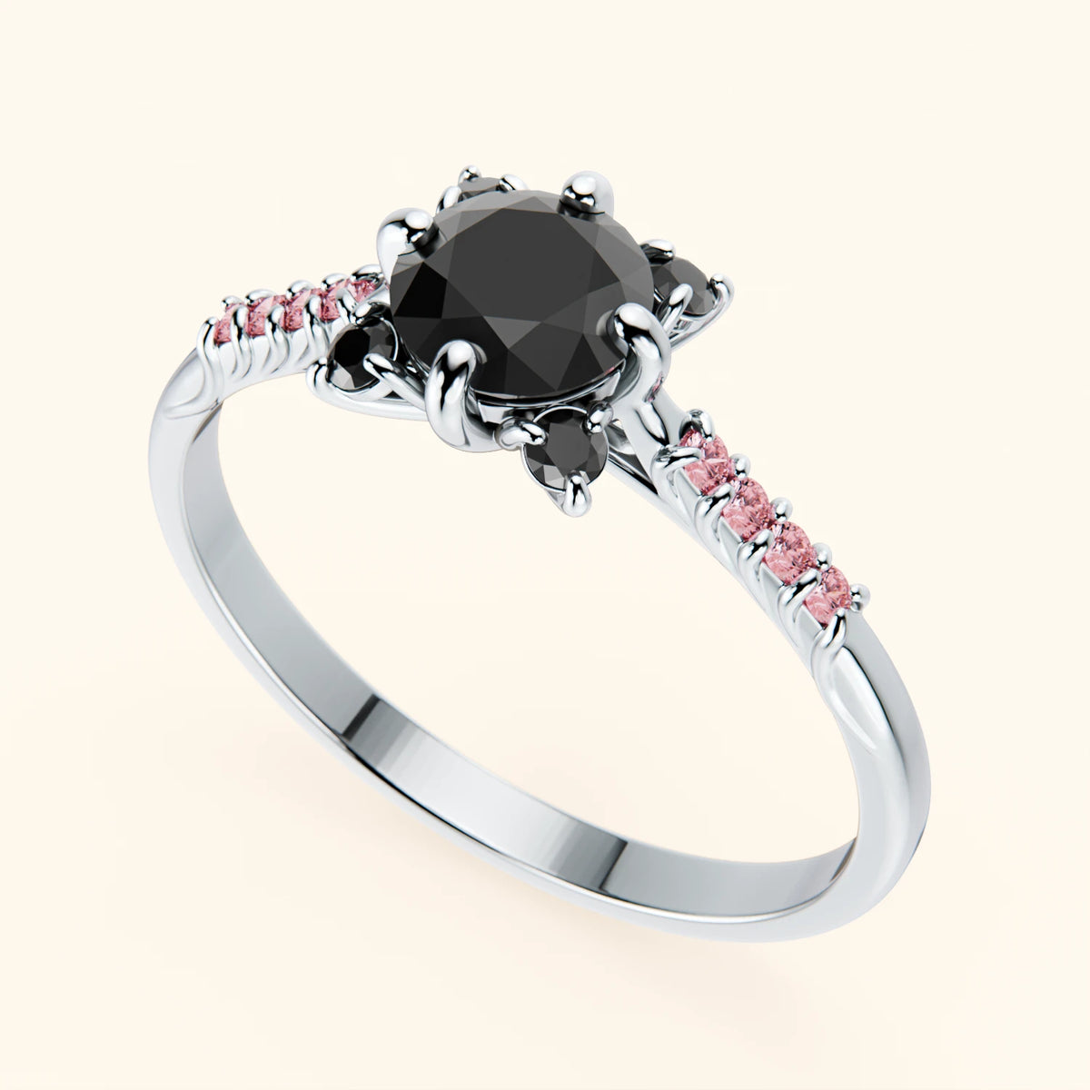Engagement Ring Scintille - 0.5ct Black Diamond with Lab Pink Diamond Side Stones