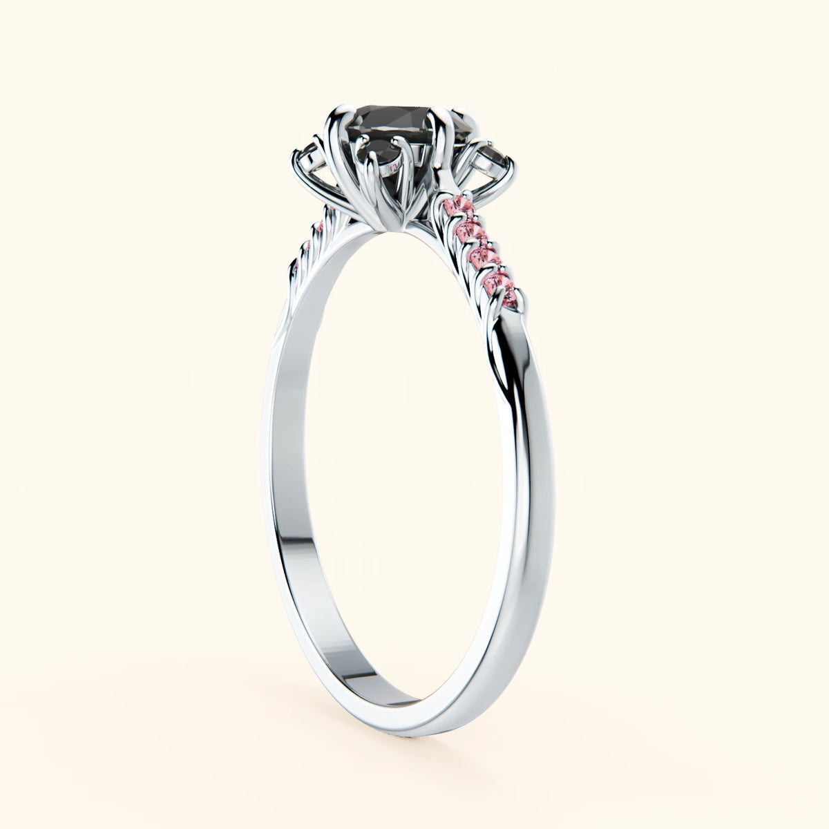 Engagement Ring Scintille - 0.5ct Black Diamond with Lab Pink Diamond Side Stones