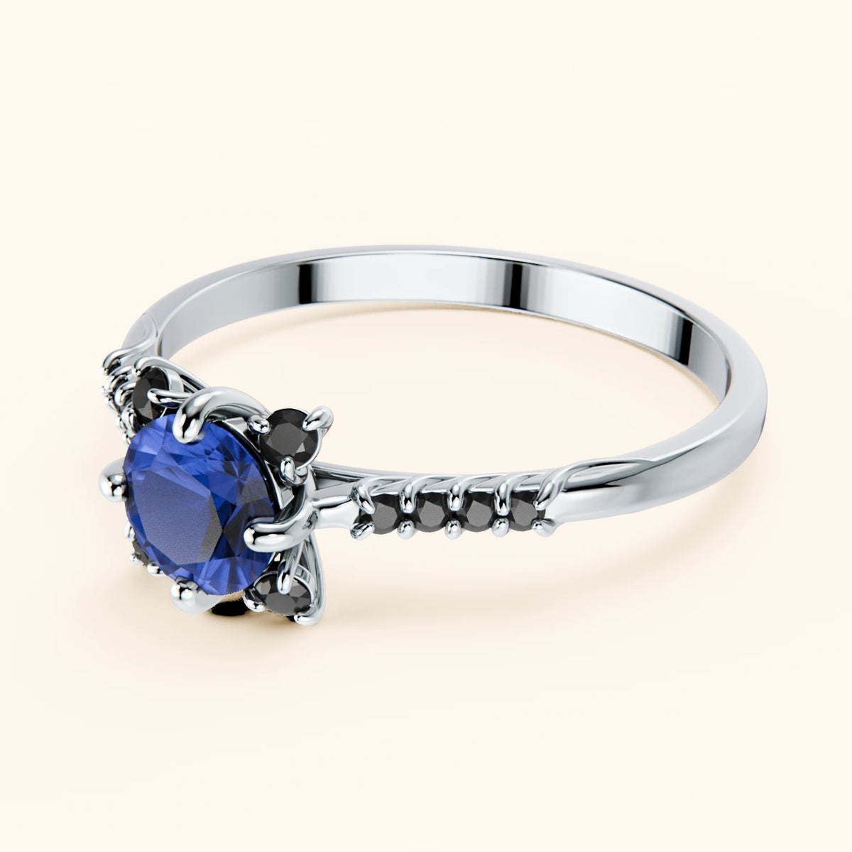 Engagement Ring Scintille - 0.60ct Natural Blue Sapphire with Black Diamond Side Stones