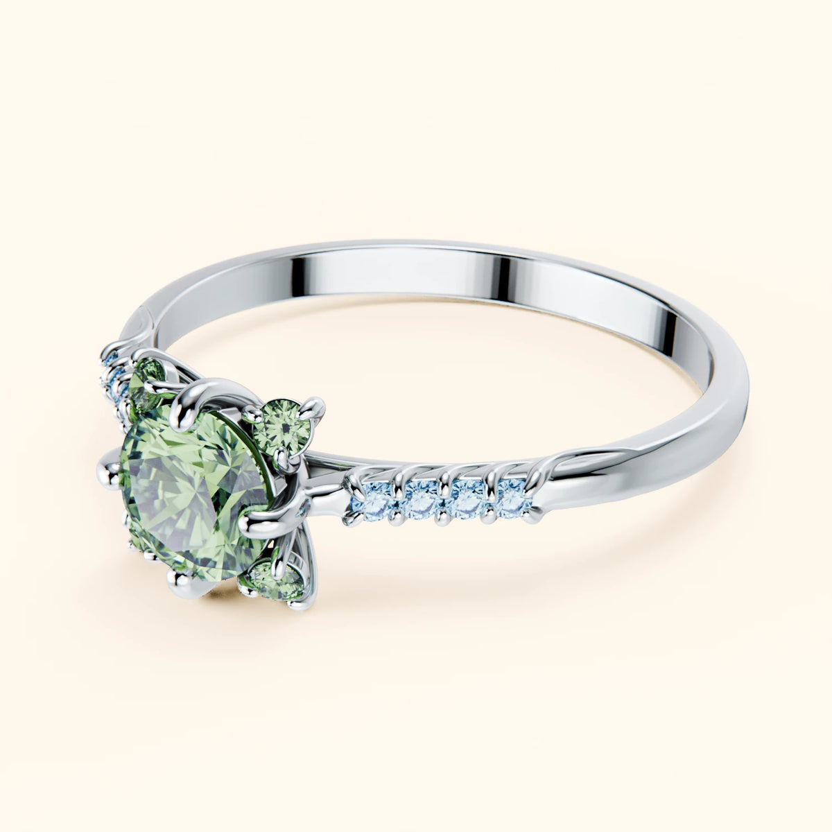 Engagement Ring Scintille - 0.5ct Lab Green Diamond with Lab Blue Diamond Side Stones