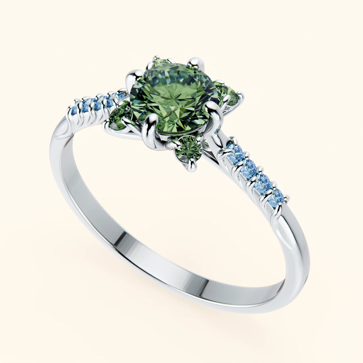 Engagement Ring Scintille - 0.5ct Lab Green Diamond with Lab Blue Diamond Side Stones
