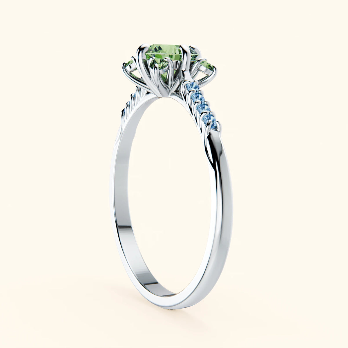 Engagement Ring Scintille - 0.5ct Lab Green Diamond with Lab Blue Diamond Side Stones