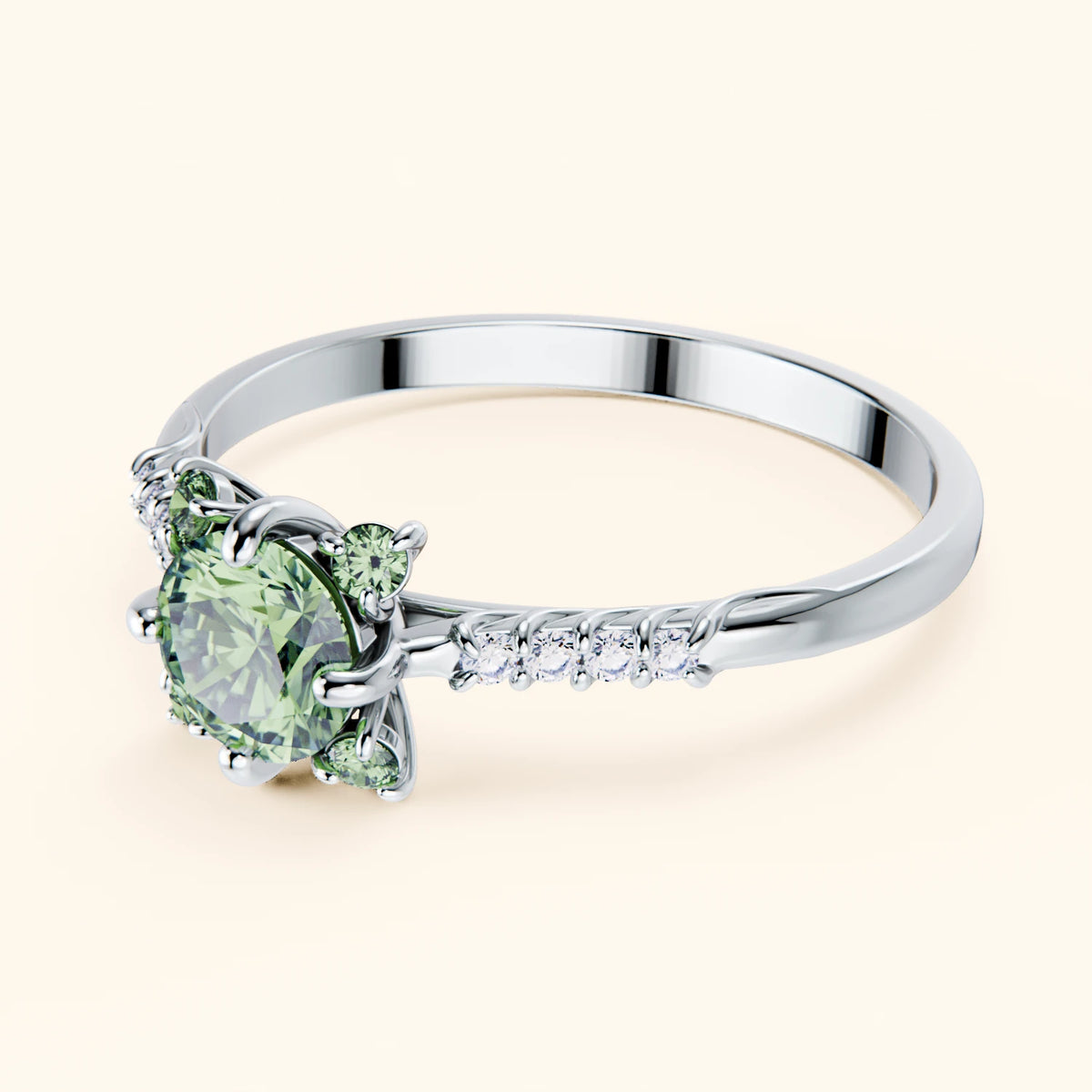 Pierścionek zaręczynowy Scintille – Zielony diament laboratoryjny 0,5 ct, kamienie boczne: diament naturalny