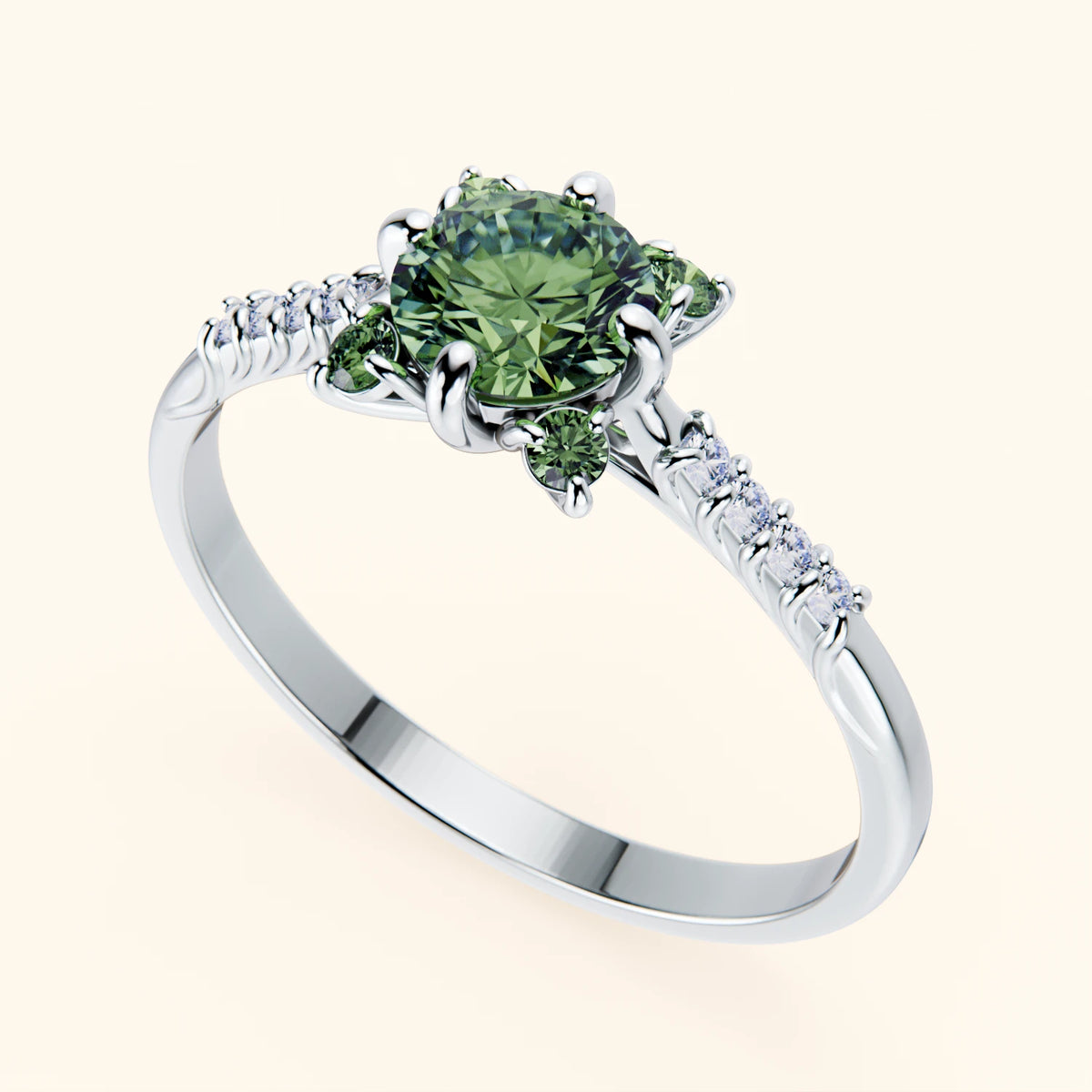 Pierścionek zaręczynowy Scintille – Zielony diament laboratoryjny 0,5 ct, kamienie boczne: diament naturalny