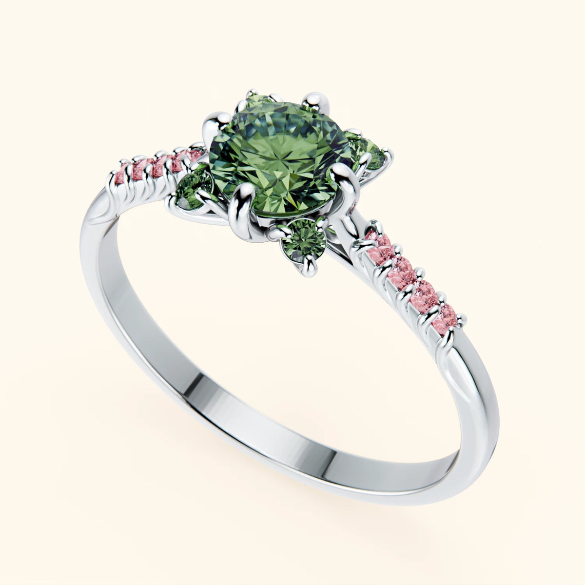 Engagement Ring Scintille - 0.5ct Lab Green Diamond with Lab Pink Diamond Side Stones
