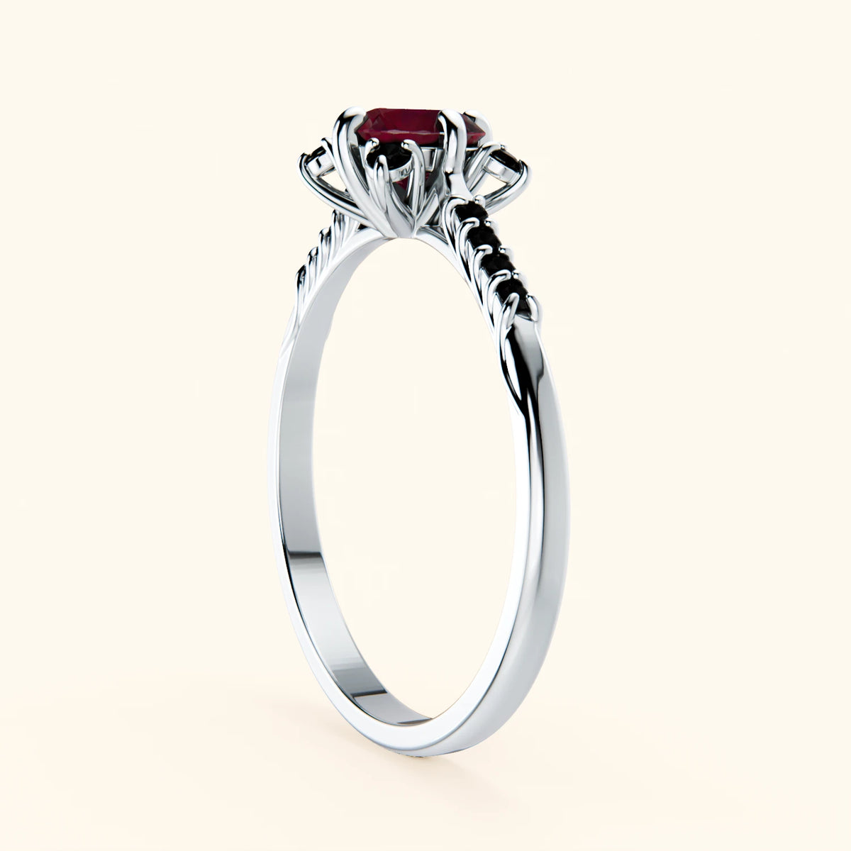 Pierścionek zaręczynowy Scintille – Rubin naturalny 0,60 ct, kamienie boczne: czarny diament
