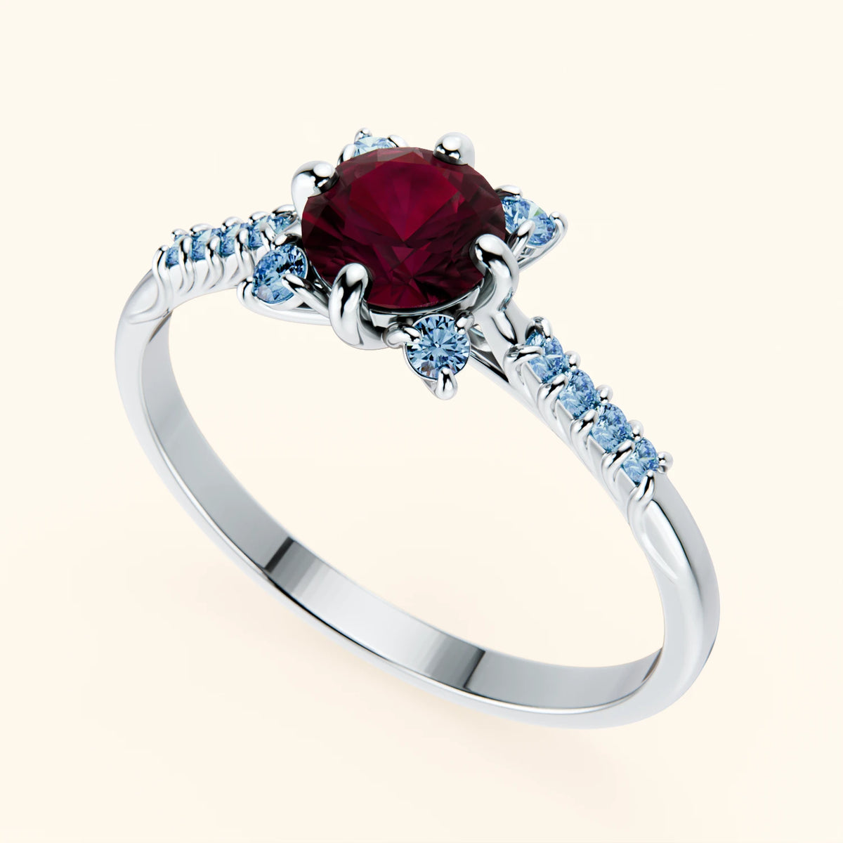 Engagement Ring Scintille - 0.60ct Lab Ruby with Lab Blue Diamond Side Stones