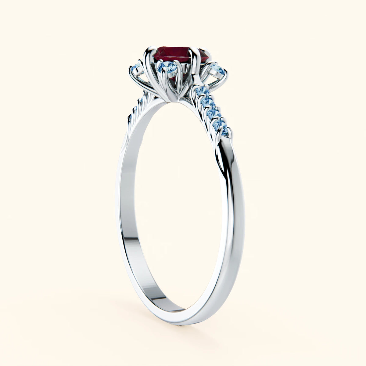 Engagement Ring Scintille - 0.60ct Lab Ruby with Lab Blue Diamond Side Stones