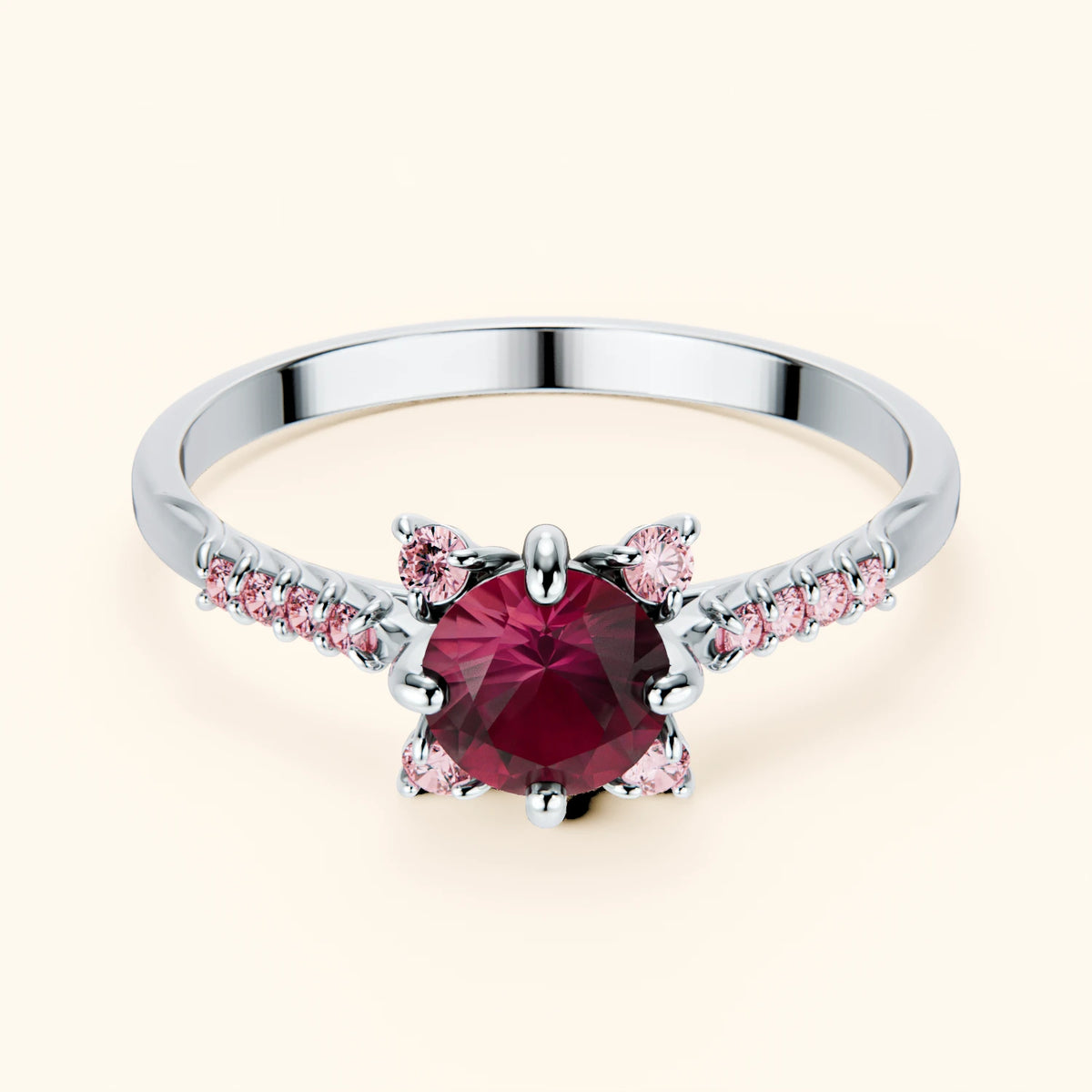 Pierścionek zaręczynowy Scintille – Rubin laboratoryjny 0,60 ct, kamienie boczne: różowy diament laboratoryjny