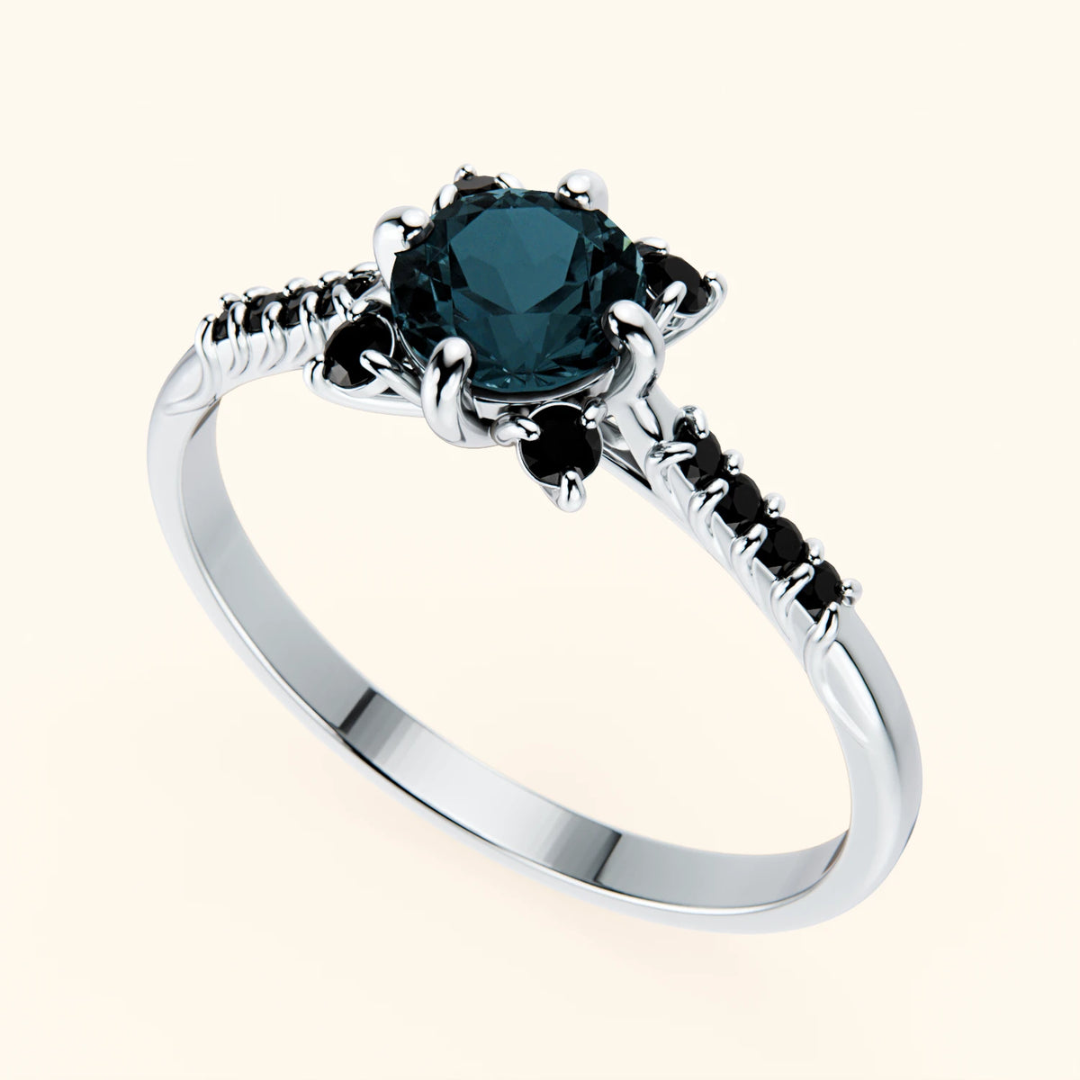 Pierścionek zaręczynowy Scintille – Topaz London Blue 0,50 ct, kamienie boczne: czarny diament