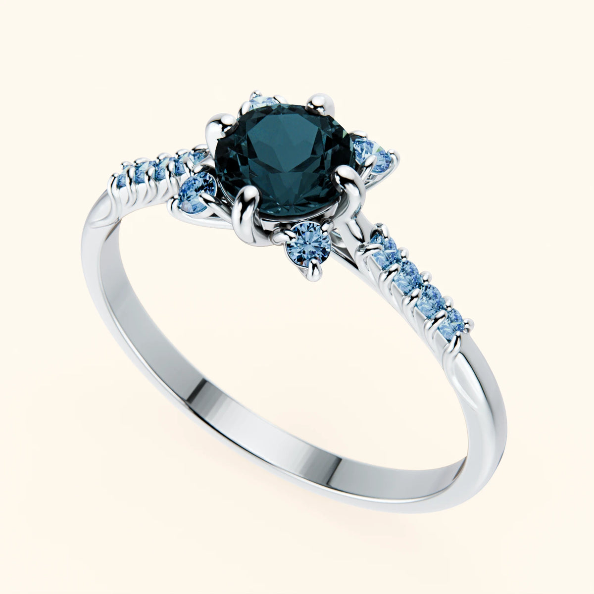 Pierścionek zaręczynowy Scintille – Topaz London Blue 0,50 ct, kamienie boczne: niebieski diament laboratoryjny