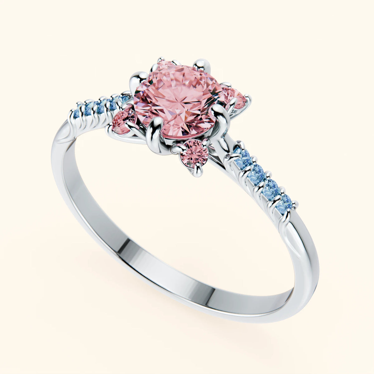 Engagement Ring Scintille - 0.5ct Lab Pink Diamond with Lab Blue Diamond Side Stones