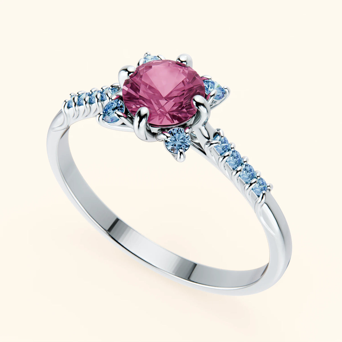 Engagement Ring Scintille - 0.60ct Lab Pink Sapphire with Lab Blue Diamond Side Stones