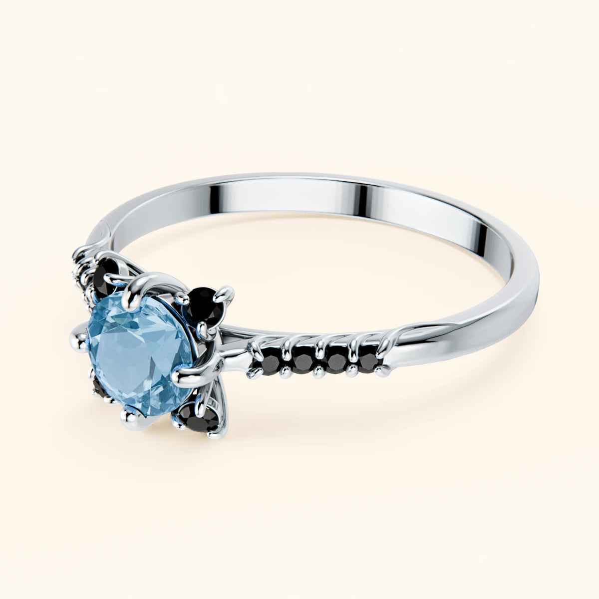 Engagement Ring Scintille - 0.50ct Swiss Blue Topaz with Black Diamond Side Stones