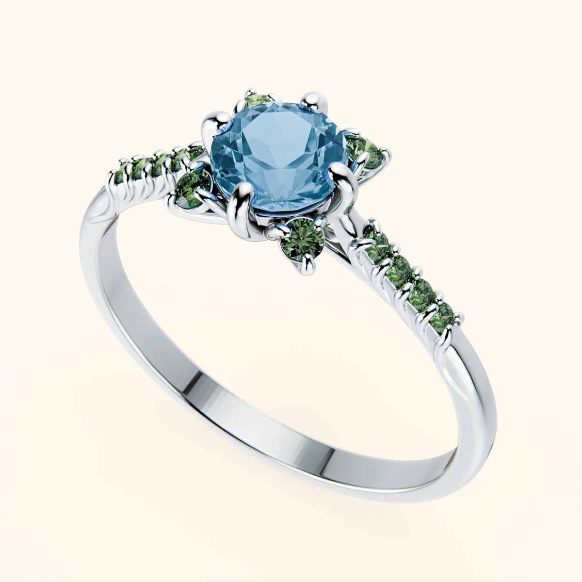Pierścionek zaręczynowy Scintille – Topaz Swiss Blue 0,50 ct, kamienie boczne: zielony diament laboratoryjny