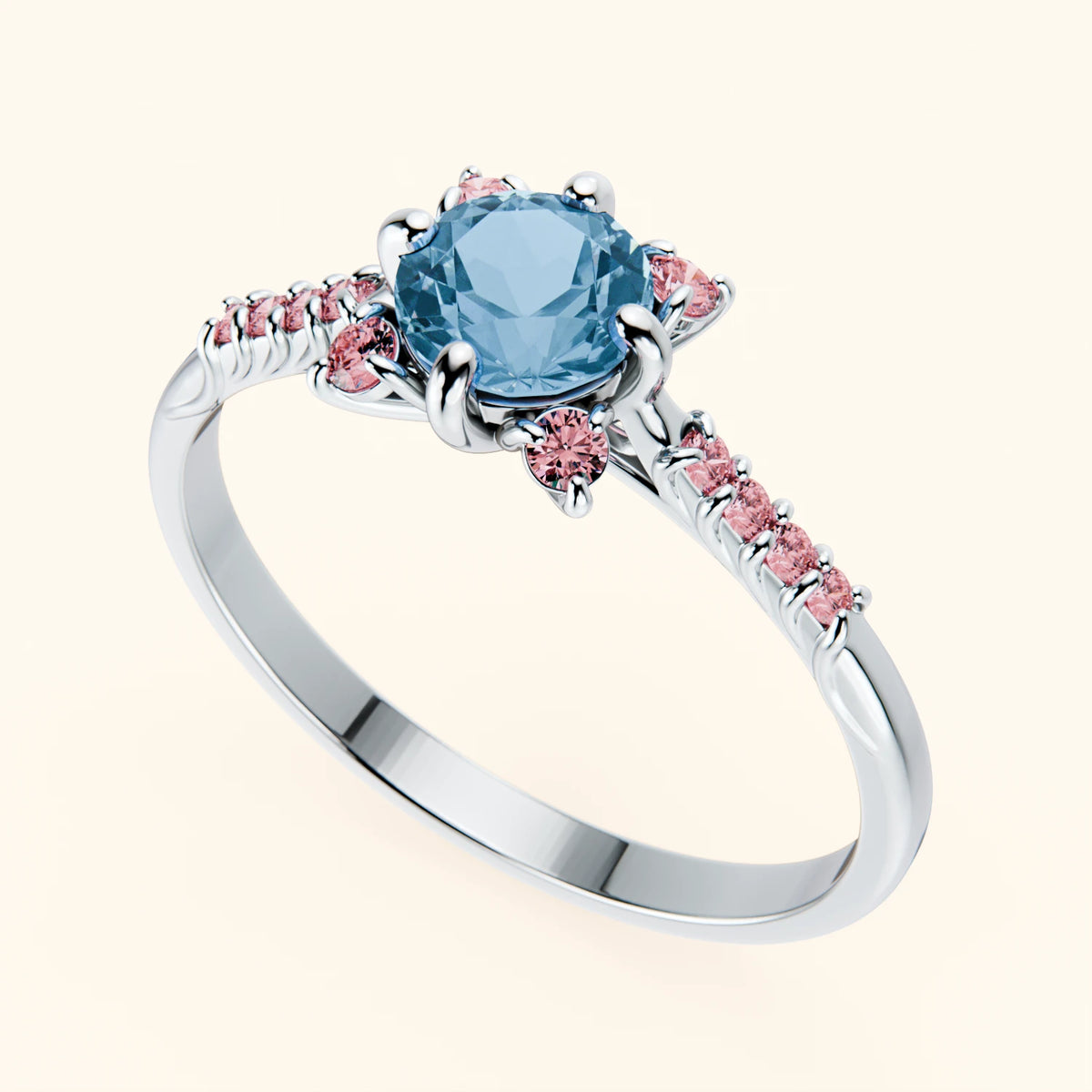 Pierścionek zaręczynowy Scintille – Topaz Swiss Blue 0,50 ct, kamienie boczne: różowy diament laboratoryjny