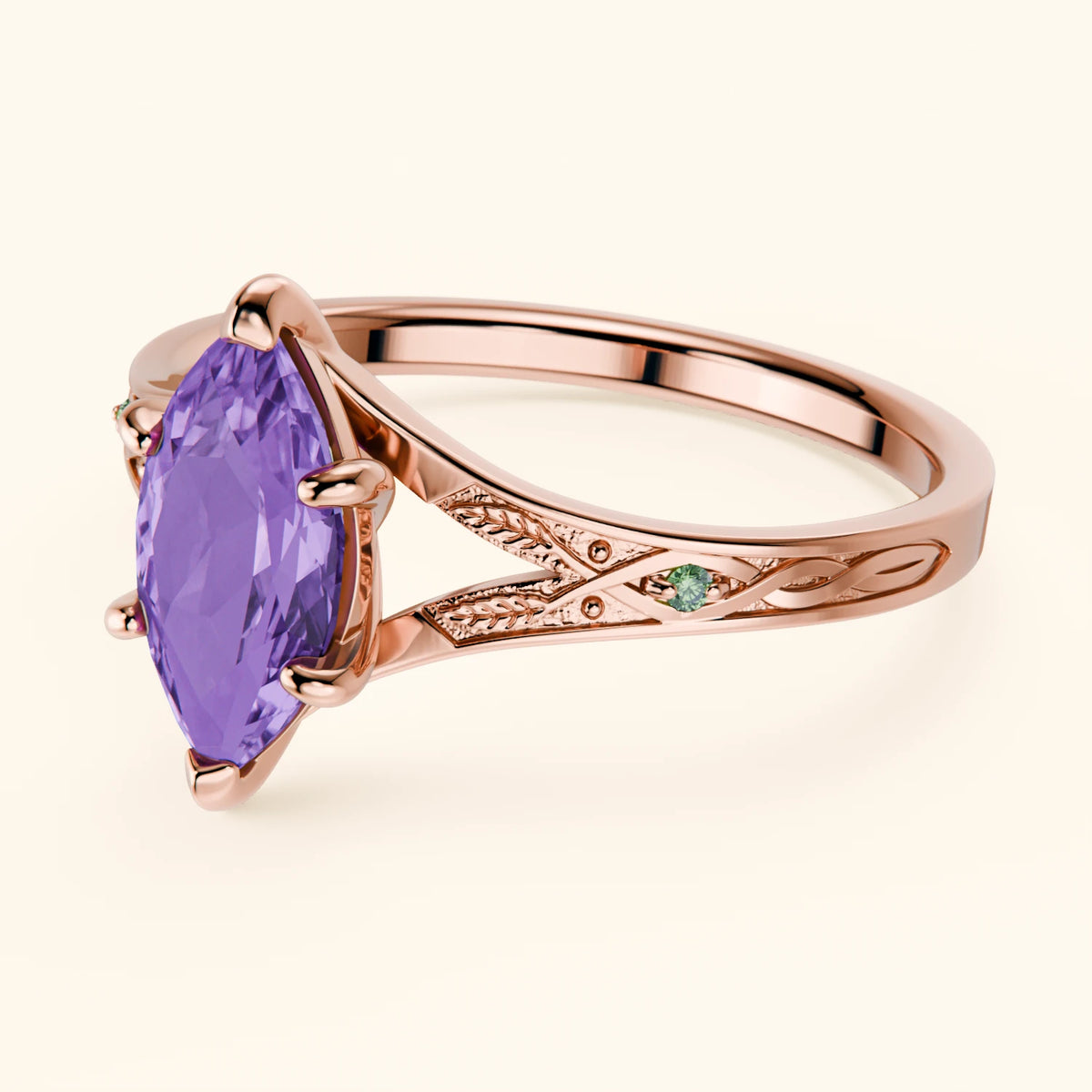 Engagement Ring Voile - 0.80ct Amethyst with Lab Green Diamond Side Stones