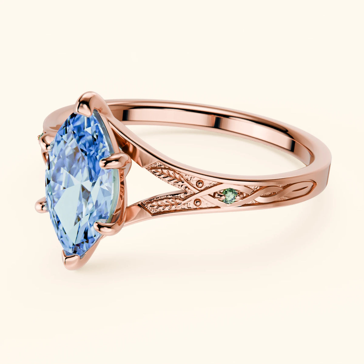 Engagement Ring Voile - 1ct Lab Blue Diamond with Lab Green Diamond Side Stones