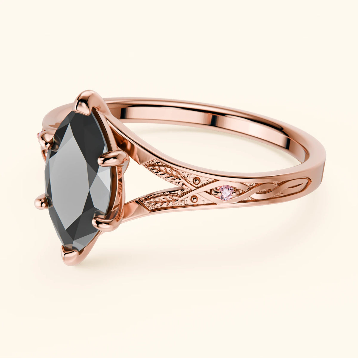 Engagement Ring Voile - 1ct Black Diamond with Lab Pink Diamond Side Stones