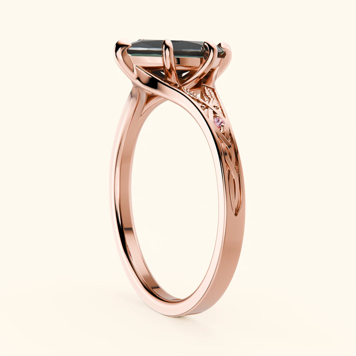 Engagement Ring Voile - 1ct Black Diamond with Lab Pink Diamond Side Stones