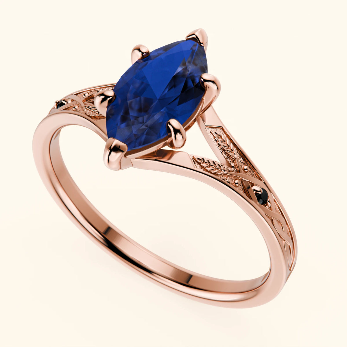 Engagement Ring Voile - 1.35ct Lab Blue Sapphire with Black Diamond Side Stones
