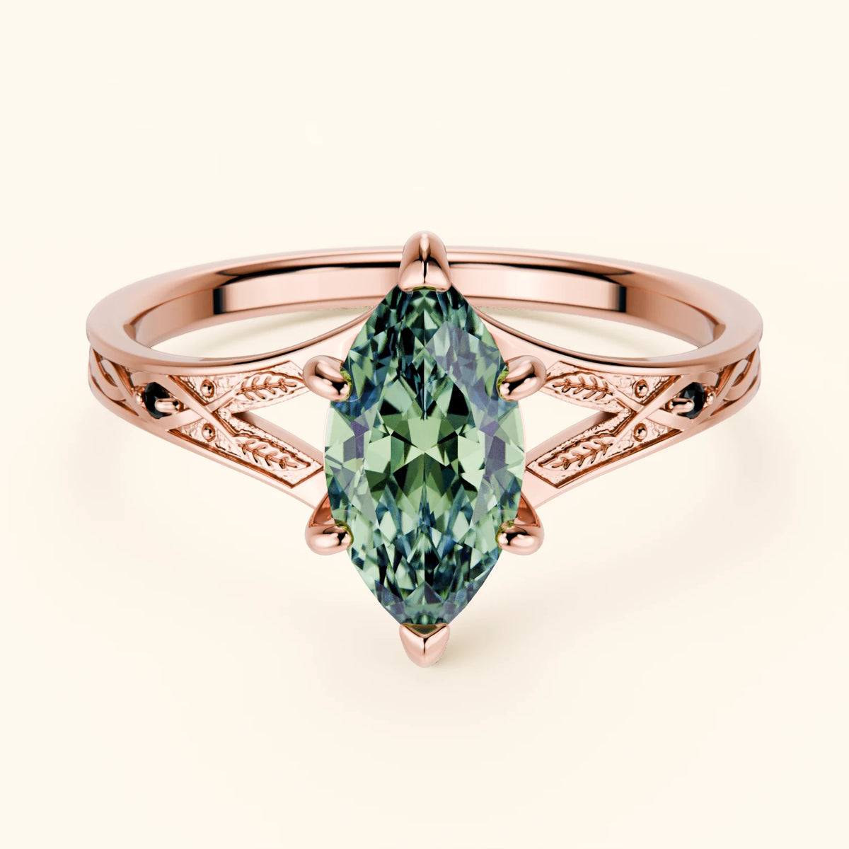 Engagement Ring Voile - 1ct Lab Green Diamond with Black Diamond Side Stones