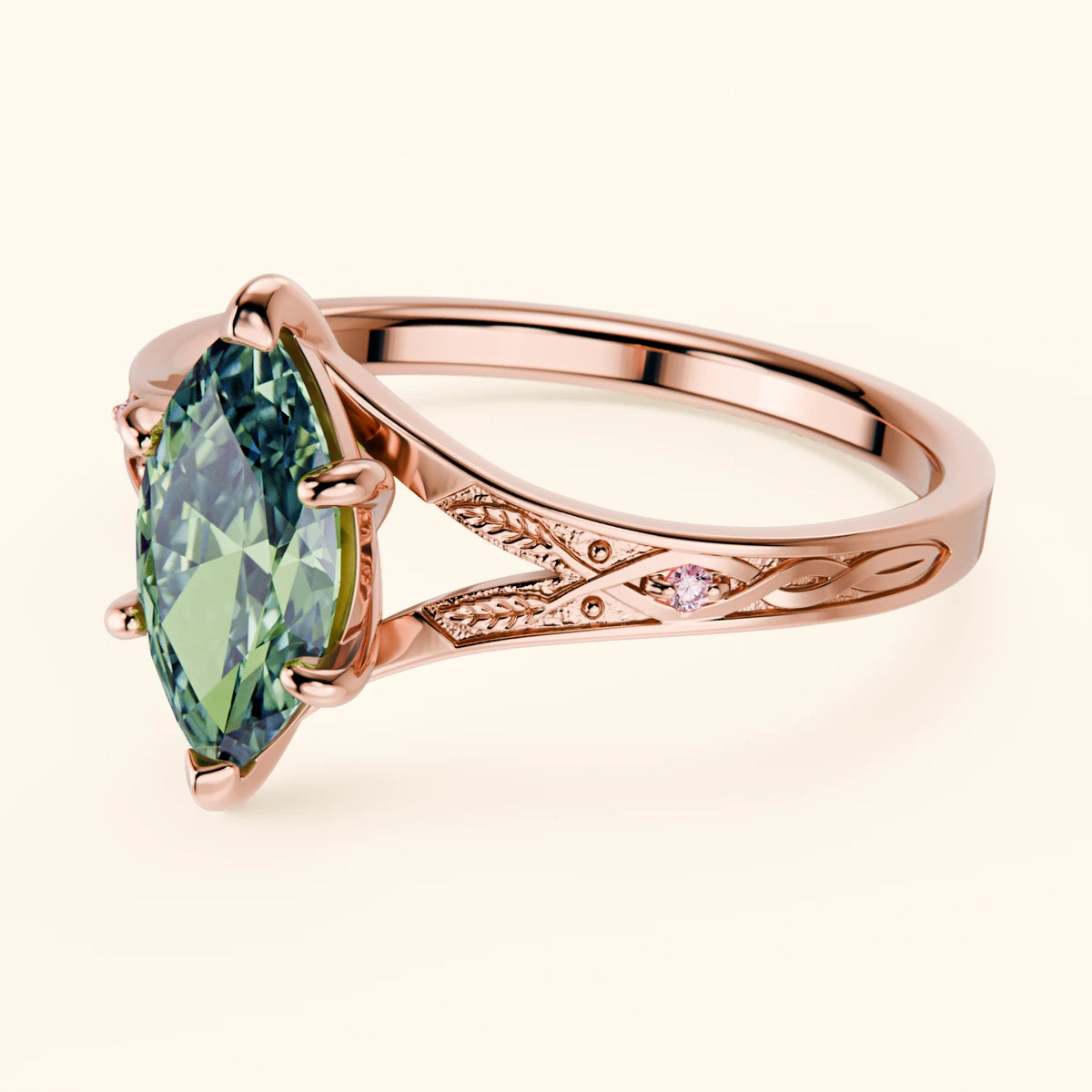 Engagement Ring Voile - 1ct Lab Green Diamond with Lab Pink Diamond Side Stones