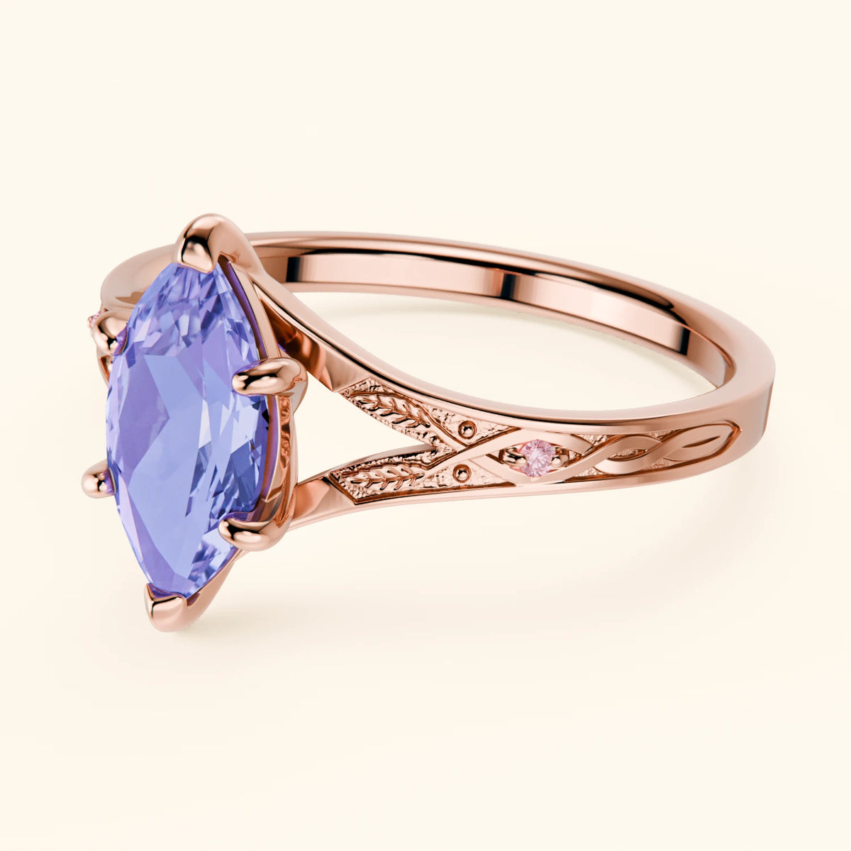 Pierścionek zaręczynowy Voile – Tanzanit 0,95 ct, kamienie boczne: różowy diament laboratoryjny