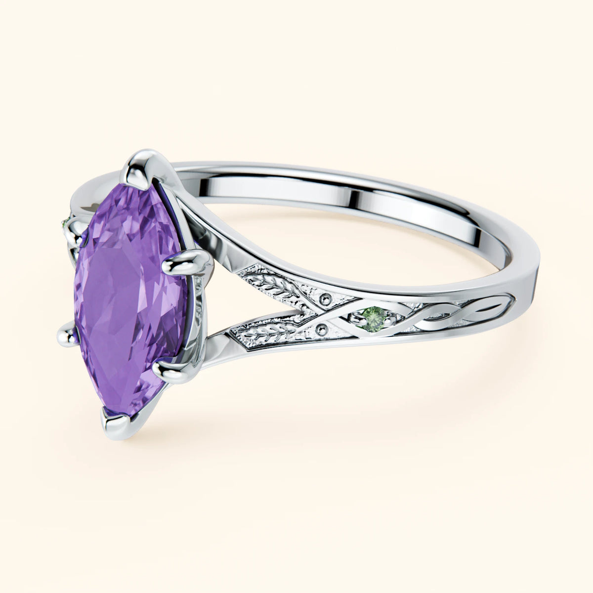 Engagement Ring Voile - 0.80ct Amethyst with Lab Green Diamond Side Stones